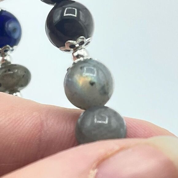 Crystal beaded stretch bracelet ONE NEW evil eye silver obsidian labradorite rei - Picture 2 of 12